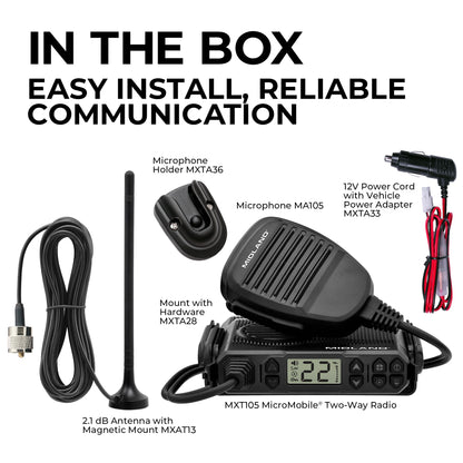 Midland – MXT105 - 5 Watt GMRS MicroMobile Two Way Radio - Off Roading Outdoor RZR Farm Trails Radio - External Magnetic Mount Antenna - NOAA Weather Alerts
