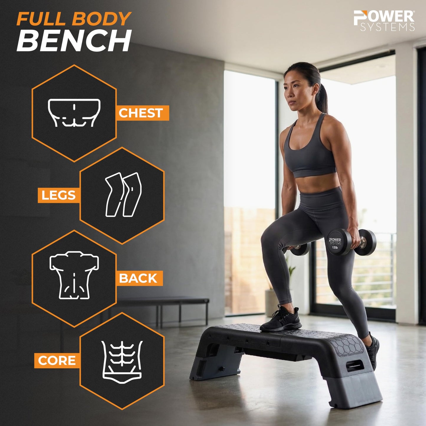 Power Systems Step Bench & Weight Bench | Aerobic Platform & Plyo Box for Cardio, Strength | Commercial Grade Full Body Home Gym Stepper | Adjustable Multifunctional Deck & Resistance Band Clips