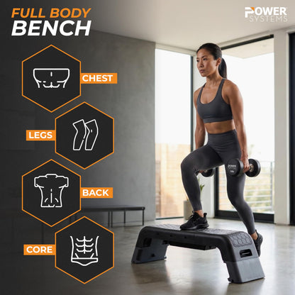 Power Systems Step Bench & Weight Bench | Aerobic Platform & Plyo Box for Cardio, Strength | Commercial Grade Full Body Home Gym Stepper | Adjustable Multifunctional Deck & Resistance Band Clips