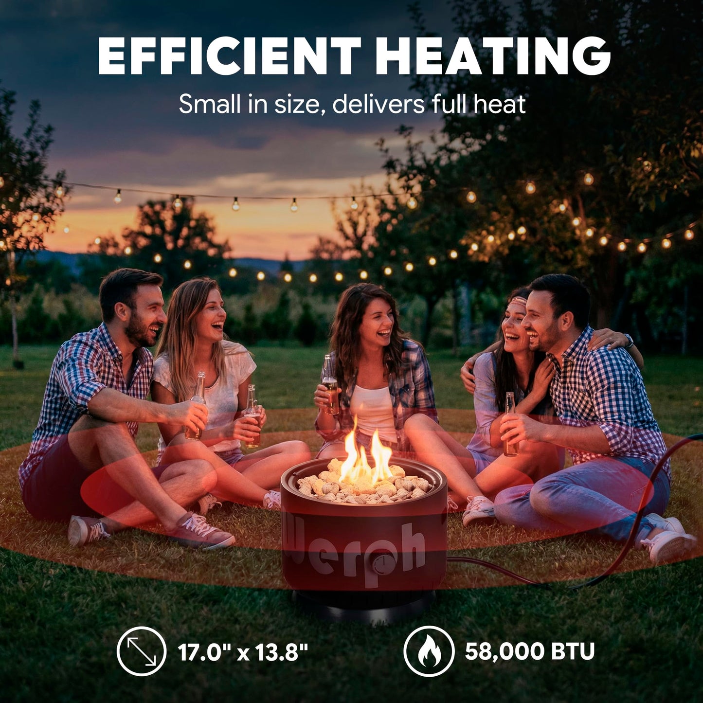 Werph 17-Inch Compact Propane Gas Fire Pit, 58,000 BTU, Lightweight with Locking 2-in-1 Lid & Pumice Stones, Perfect for Camping, RV, Picnic, Fishing, and Backyard, Black