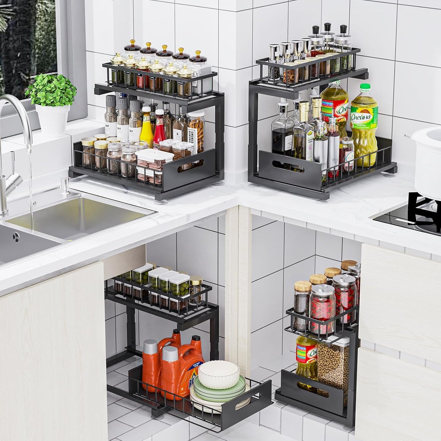 Under Sink Organizer by [Brand Name] - Heavy Duty Metal Pull-Out Cabinet Shelf | Adjustable Multi-Purpose Storage (Black, 2-Pack)