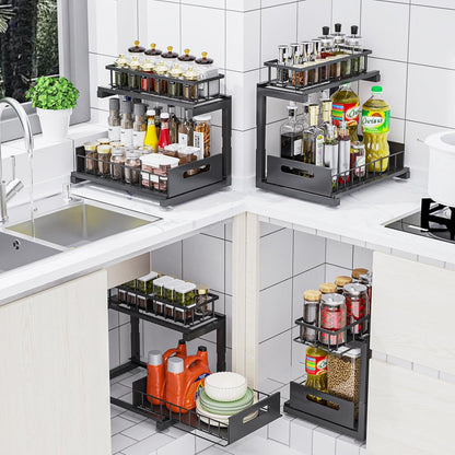 Under Sink Organizer by [Brand Name] - Heavy Duty Metal Pull-Out Cabinet Shelf | Adjustable Multi-Purpose Storage (Black, 2-Pack)
