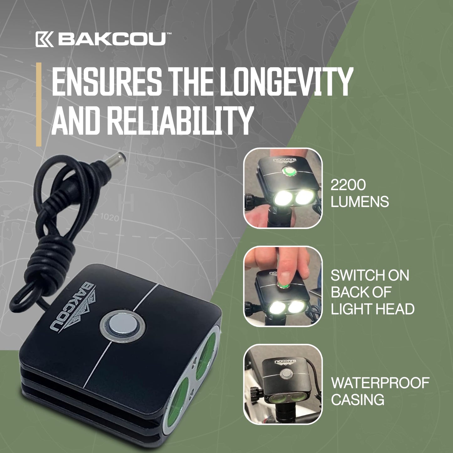 Bakcou - 2200 Lumen GoProMount Headlight - E-Bike Light with Blinking Modes, USB Rechargeable, Waterproof, Dual LED Design, 120-Hour Battery