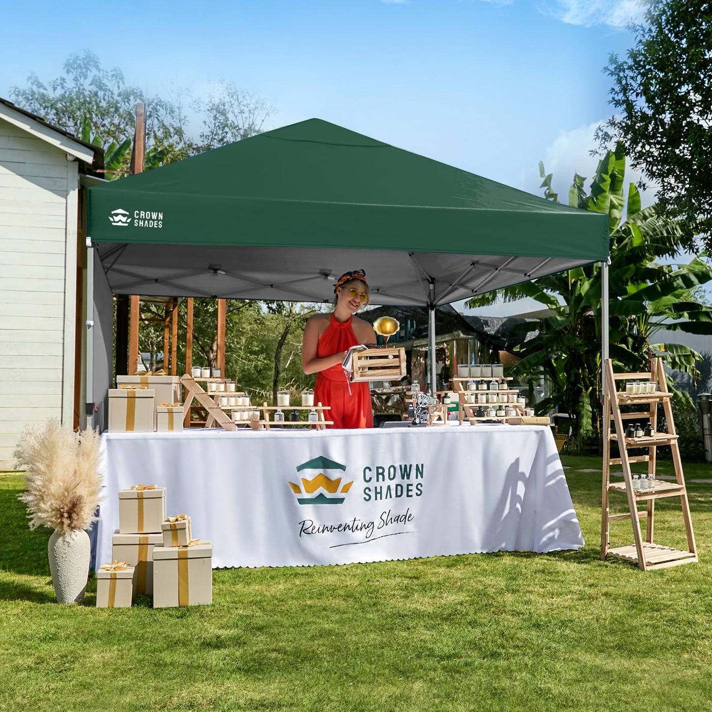 CROWN SHADES Pop Up Canopy with 1 Side Wall - Beach Tent with One Push Setup - Outdoor Sun Shade for Events, Parties, Camping - Gazebo with STO-N-Go Cover Bag, Forest Green, 8x8FT
