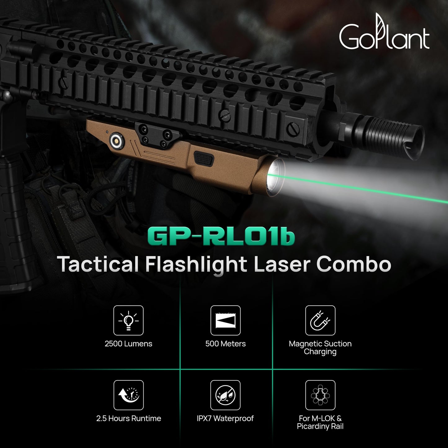 GOPLANT 2500 Lumen Aluminum Alloy Rifle Laser Light Combo, 2.5 Hours Long Runtime AR15 Weapon Light and Green Laser, Picatinny Rail MLOK Mounted LED Tactical Flashlight (Desert Tan)
