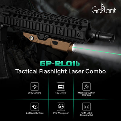 GOPLANT 2500 Lumen Aluminum Alloy Rifle Laser Light Combo, 2.5 Hours Long Runtime AR15 Weapon Light and Green Laser, Picatinny Rail MLOK Mounted LED Tactical Flashlight (Desert Tan)