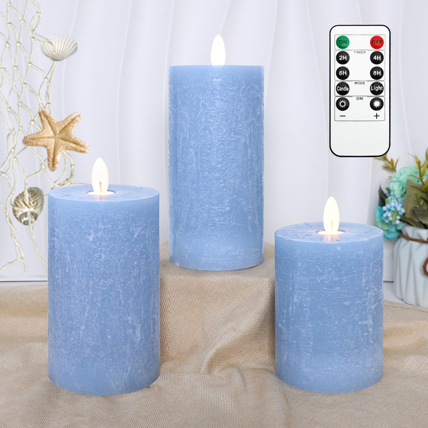 Seaglass Battery Flameless LED Candle, Silver Blue Flickering Pillar Timer, Remote Control, Unscented Real Wax