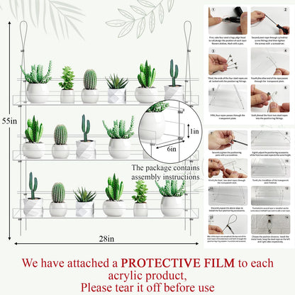 Ziliny 2 Pcs 28 Inch 3-tier Clear Hanging Window Plant Shelves Acrylic Height Adjustable Plant Stand Hanger Flower Pot Organizer Storage for Indoor Window Wall Garden Grow Herb Succulent
