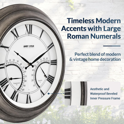 ANDY STAR 24 Inch Outdoor Clocks Waterproof,Large Outdoor Wall Clocks for Garden Patio Pool, Modern Lighted Metal Clock Battery Operated with Thermometer&Hygrometer, Gray Oak Wooden Non Ticking