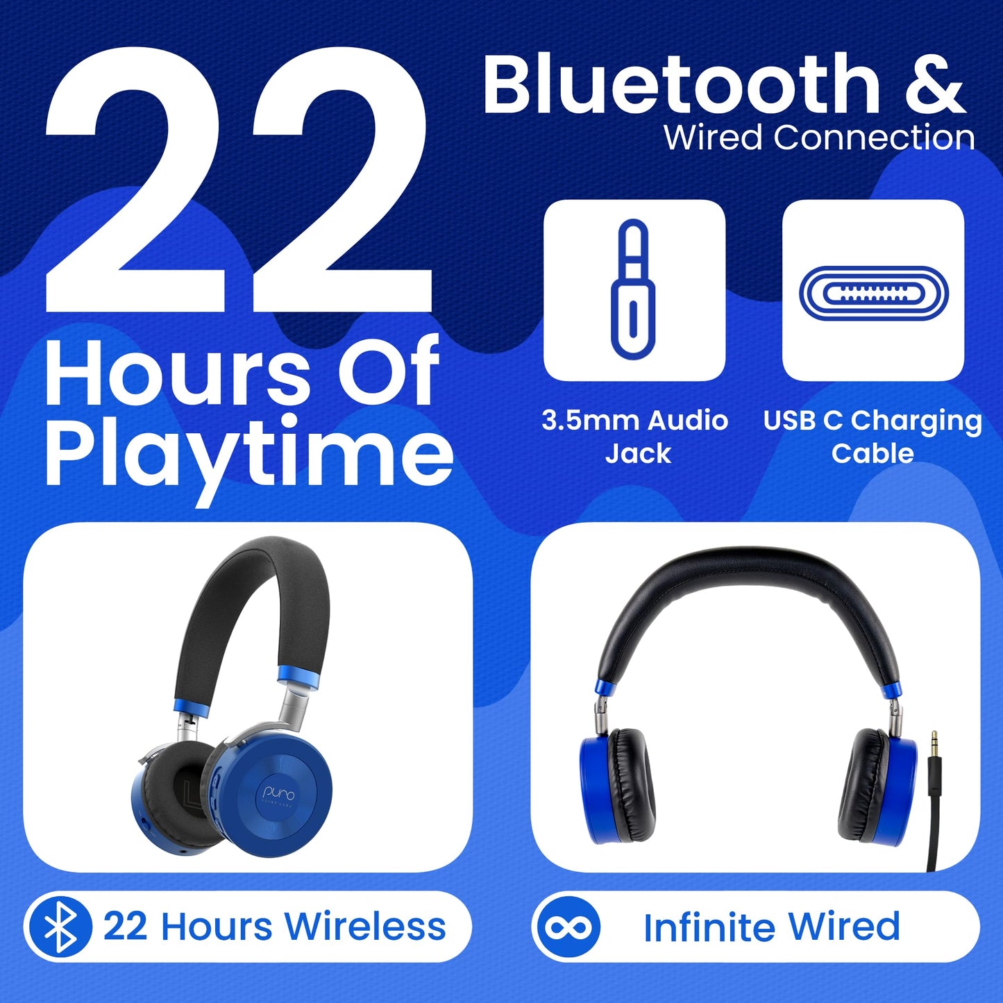 Puro Sound Labs JuniorJam Plus Volume-Limiting Wireless Bluetooth Headphones for Kids, Secure Audio with Adjustable On-Ear Design, 22-Hour Battery Life, Ideal for Tablets, Smartphones & PCs - Blue