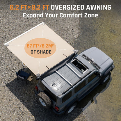 Vehicle Awning 8.2'×8.2' Roof Rack Pull-Out Sun Shade with UV Protection and Waterproof PU1000mm, Retractable Easy Up Camper Awning, Jeep/SUV/Truck/Van/RV Awning for Camping and Overland