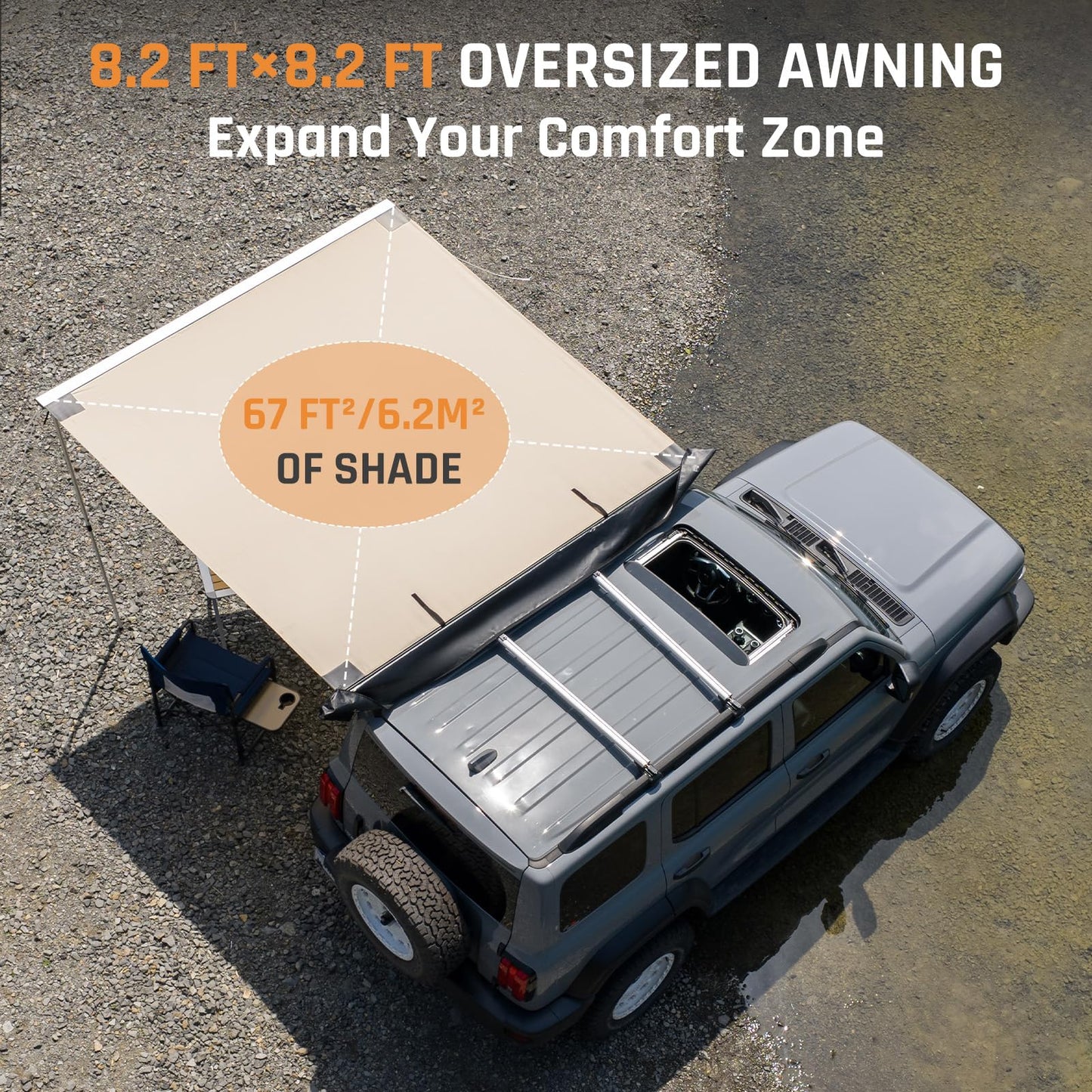 Vehicle Awning 8.2'×8.2' Roof Rack Pull-Out Sun Shade with UV Protection and Waterproof PU1000mm, Retractable Easy Up Camper Awning, Jeep/SUV/Truck/Van/RV Awning for Camping and Overland