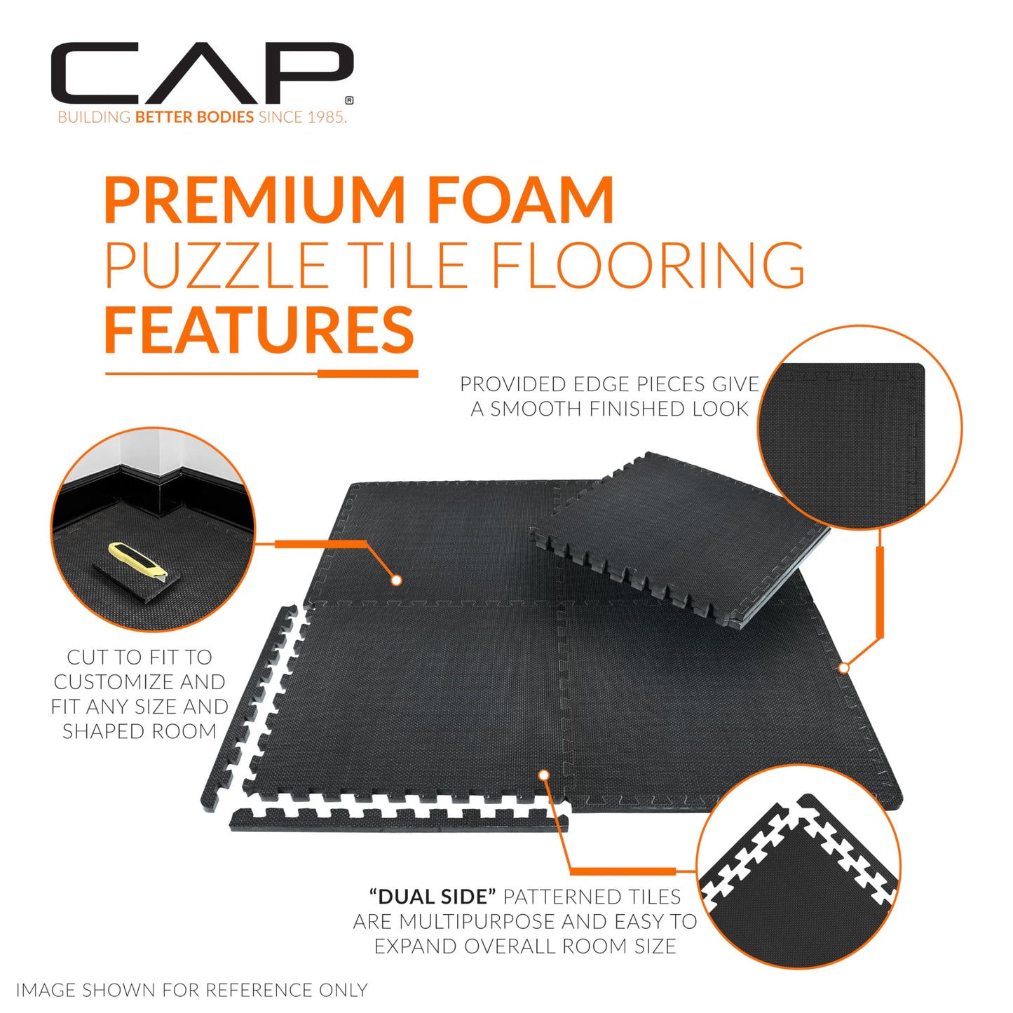 CAP Barbell 1-Inch Interlocking EVA Foam Exercise Puzzle Mat Home Gym Flooring - 4 Pack | 24" x 24" x 1" | T Pattern - Black