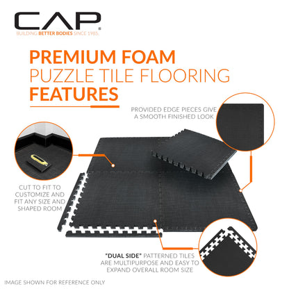 CAP Barbell 1-Inch Interlocking EVA Foam Exercise Puzzle Mat Home Gym Flooring - 4 Pack | 24" x 24" x 1" | T Pattern - Black