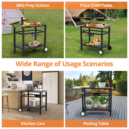 Outdoor Grill Cart - Portable Barbecue Table with Rolling Wheels, Hooks, Double Shelves, Removable Steel Flat Top Work Surface, Side Handles, Multifunctional Commercial Design