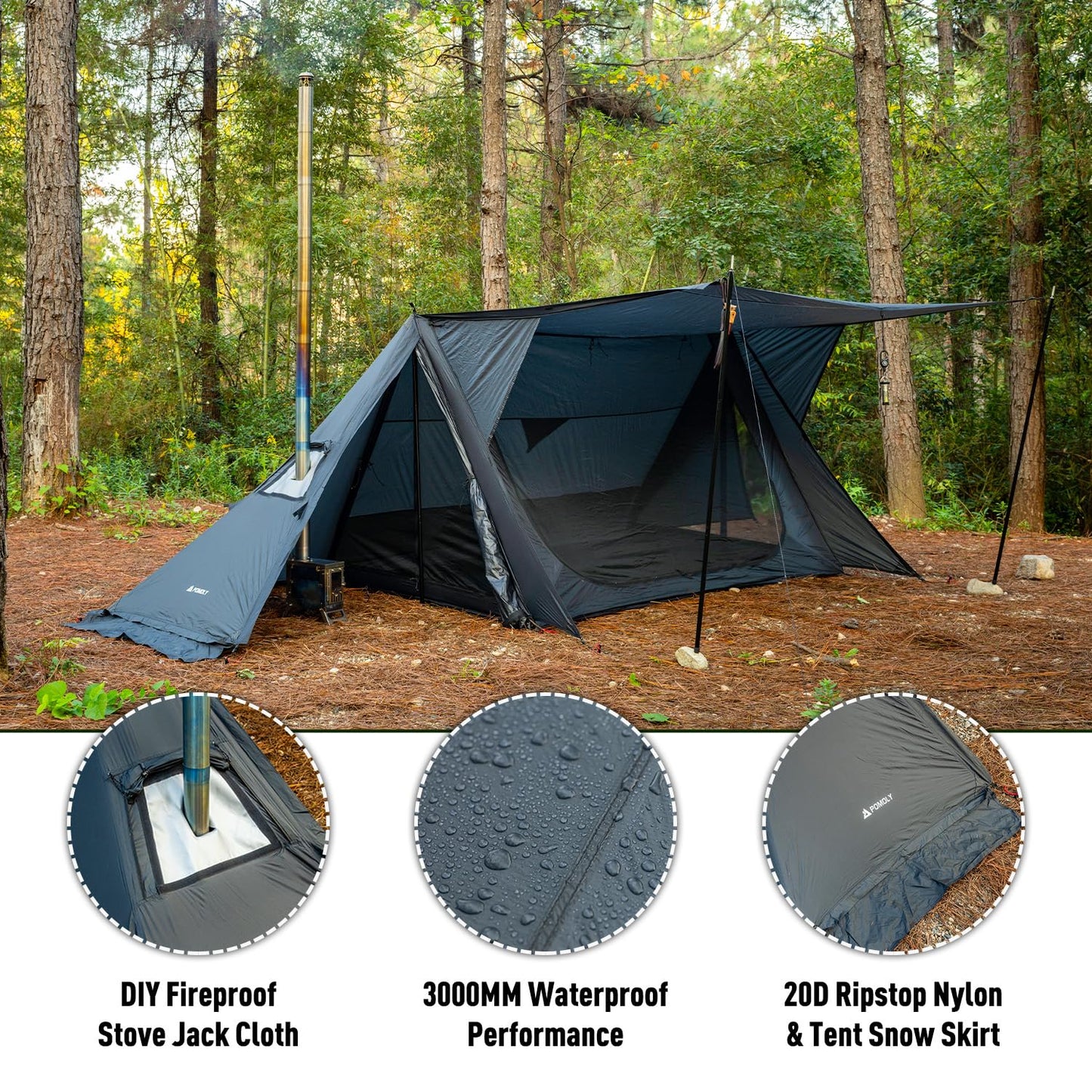 POMOLY Hot Tent Bushcraft Tent, STOVEHUT 20 Ultralight Shelter with 4 Poles for 1-2 Person Camping, Hiking, Backpacking (Blue Grey)