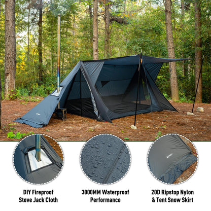 POMOLY Hot Tent Bushcraft Tent, STOVEHUT 20 Ultralight Shelter with 4 Poles for 1-2 Person Camping, Hiking, Backpacking (Blue Grey)