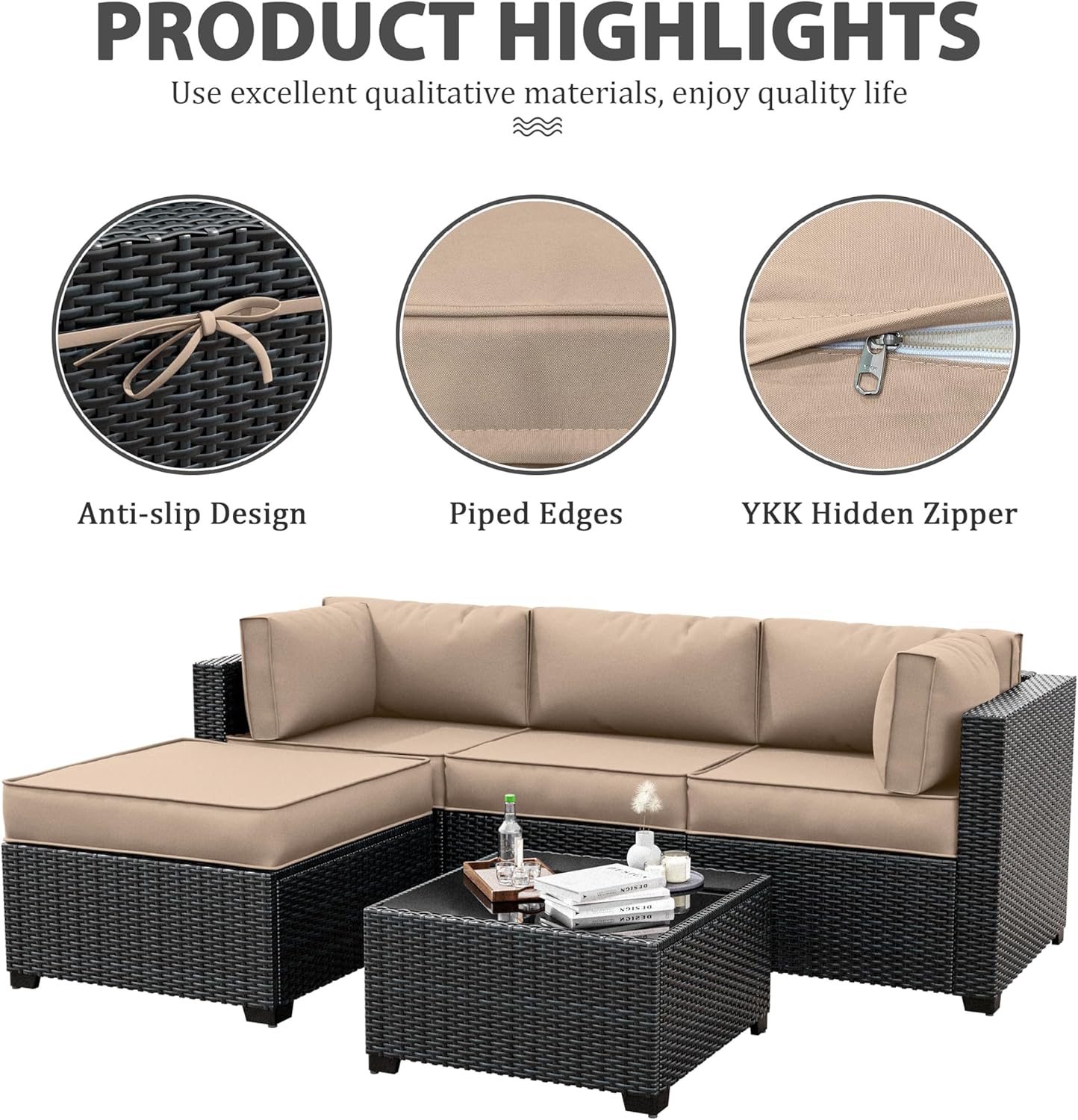 Skiennix Outdoor Patio Furniture Cushion Covers - Waterproof Replacement Set for 5-Pack Couch Cushions