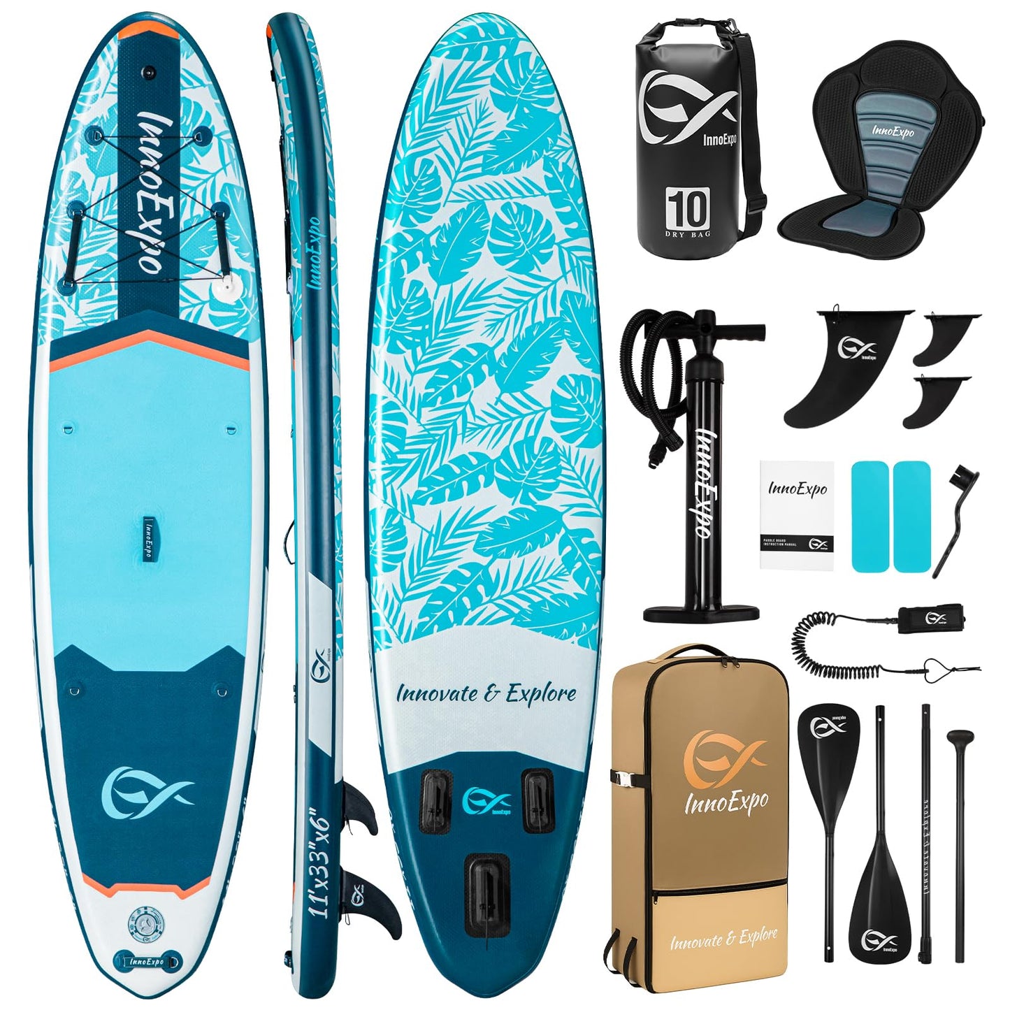 InnoExpo 11' Inflatable Stand Up Paddle Boards with Premium Accessories, Wide Stable SUP Paddle Board Design, Non-Slip Comfort Deck for Youth & Adults (Tropical/Kayak Seat)