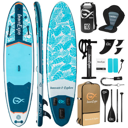 InnoExpo 11' Inflatable Stand Up Paddle Boards with Premium Accessories, Wide Stable SUP Paddle Board Design, Non-Slip Comfort Deck for Youth & Adults (Tropical/Kayak Seat)