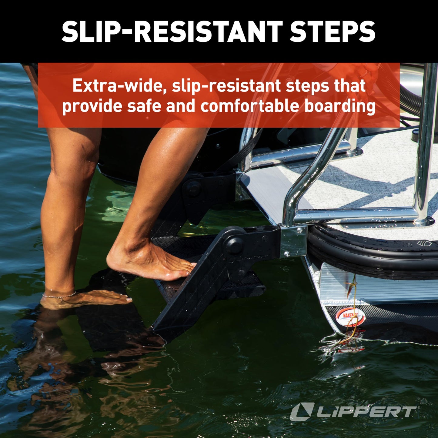 Lippert SureStep Pontoon Ladder for Boats, Slip-Resistant Steps, Easy Boarding for Kids & Dogs, Stainless Steel Handrails, Powder-Coated Aluminum Steps, Saltwater Rated - 2025041871