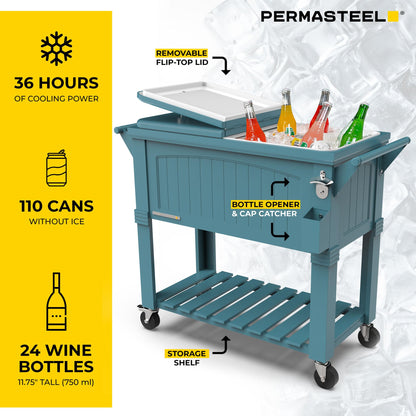 Permasteel Party Cooler with Divider, Spacious 80-Qt Capacity, Chills 36hrs, Serving Tray, Rolling Ice Chest for Indoor and Outdoor Entertainment, Matte Teal