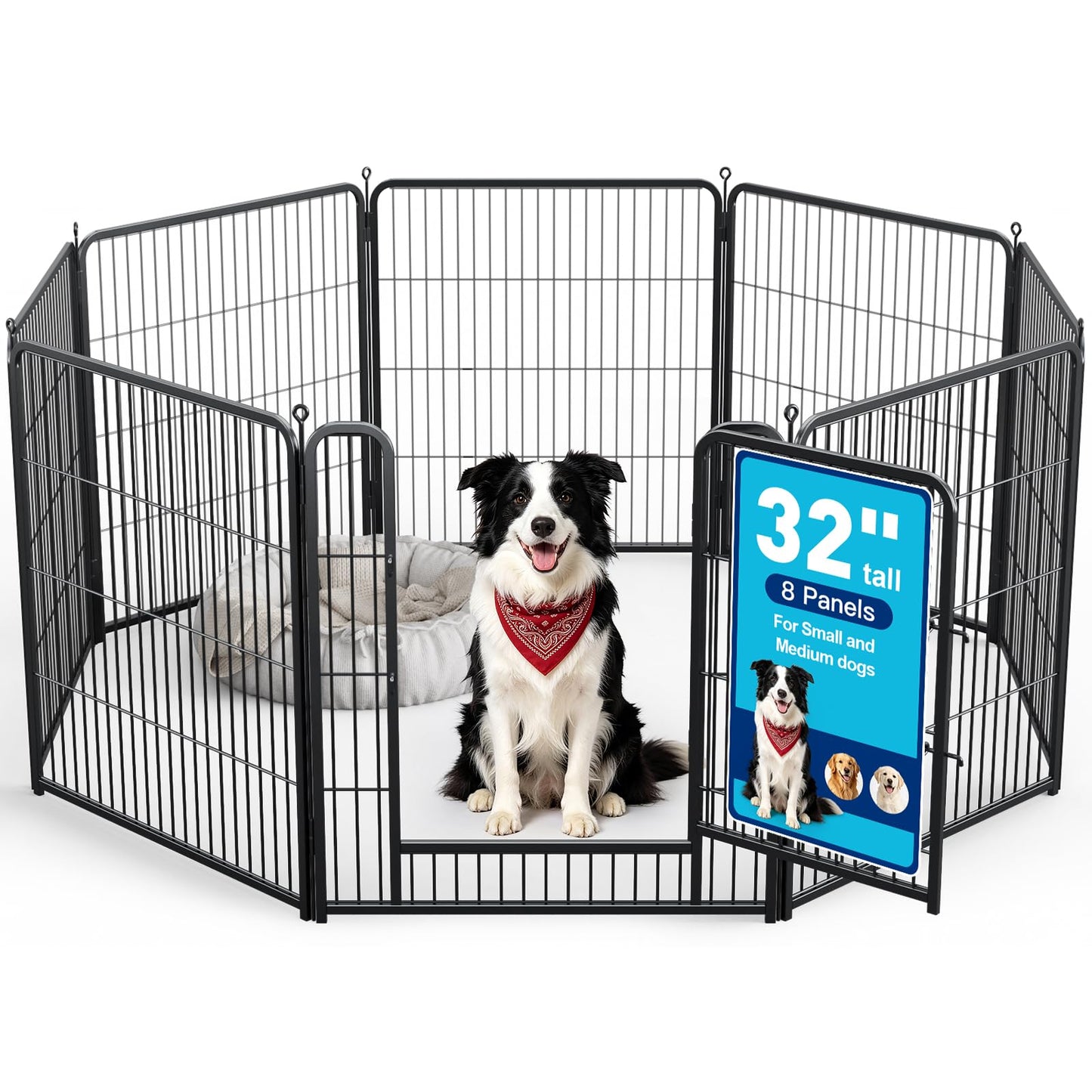 MAKE CHANGES Metal Dog Playpen - 32" Height 8 Panels Foldable Exercise Pen for Dogs Indoor/Outdoor Pen with Door for Pet Animals Portable Pet Playpen Polygon Dog Enclosure (Black)