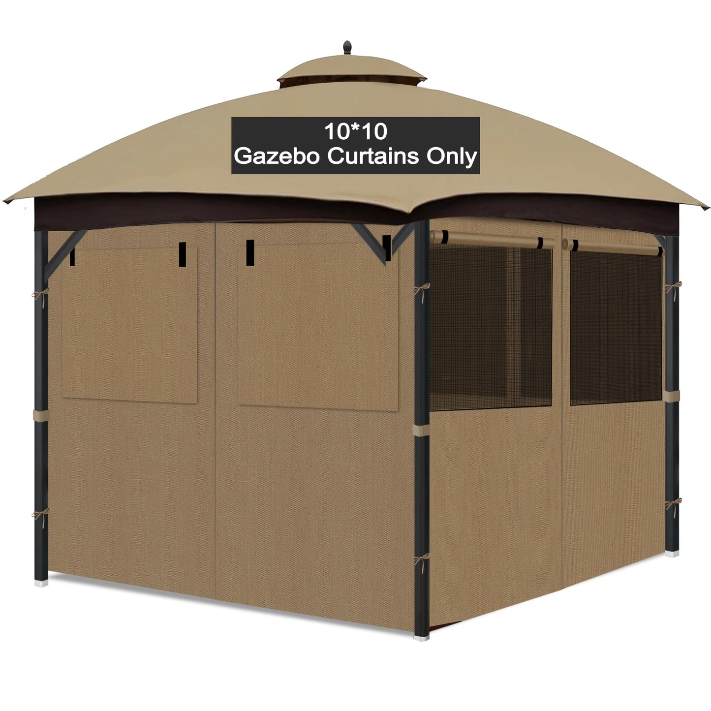 Gazebo Privacy Curtain 10'x10', Replacement Curtains with Mosquito Net Windows, 4-Panels Side Wall, Zippers, Waterproof Outdoor Curtains for Patio, Canopy, Garden and Backyard, Khaki (Curtain Only)