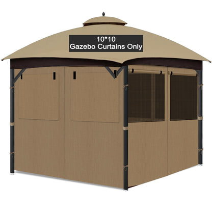 Gazebo Privacy Curtain 10'x10', Replacement Curtains with Mosquito Net Windows, 4-Panels Side Wall, Zippers, Waterproof Outdoor Curtains for Patio, Canopy, Garden and Backyard, Khaki (Curtain Only)