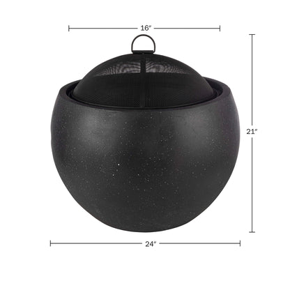 Outdoor Fire Pit - 24” Round Faux Concrete Firepit - Wood Burning Fire Pit with Poker, Screen, Cover - Wood Fire Pits for Outside Patio by Pure Garden