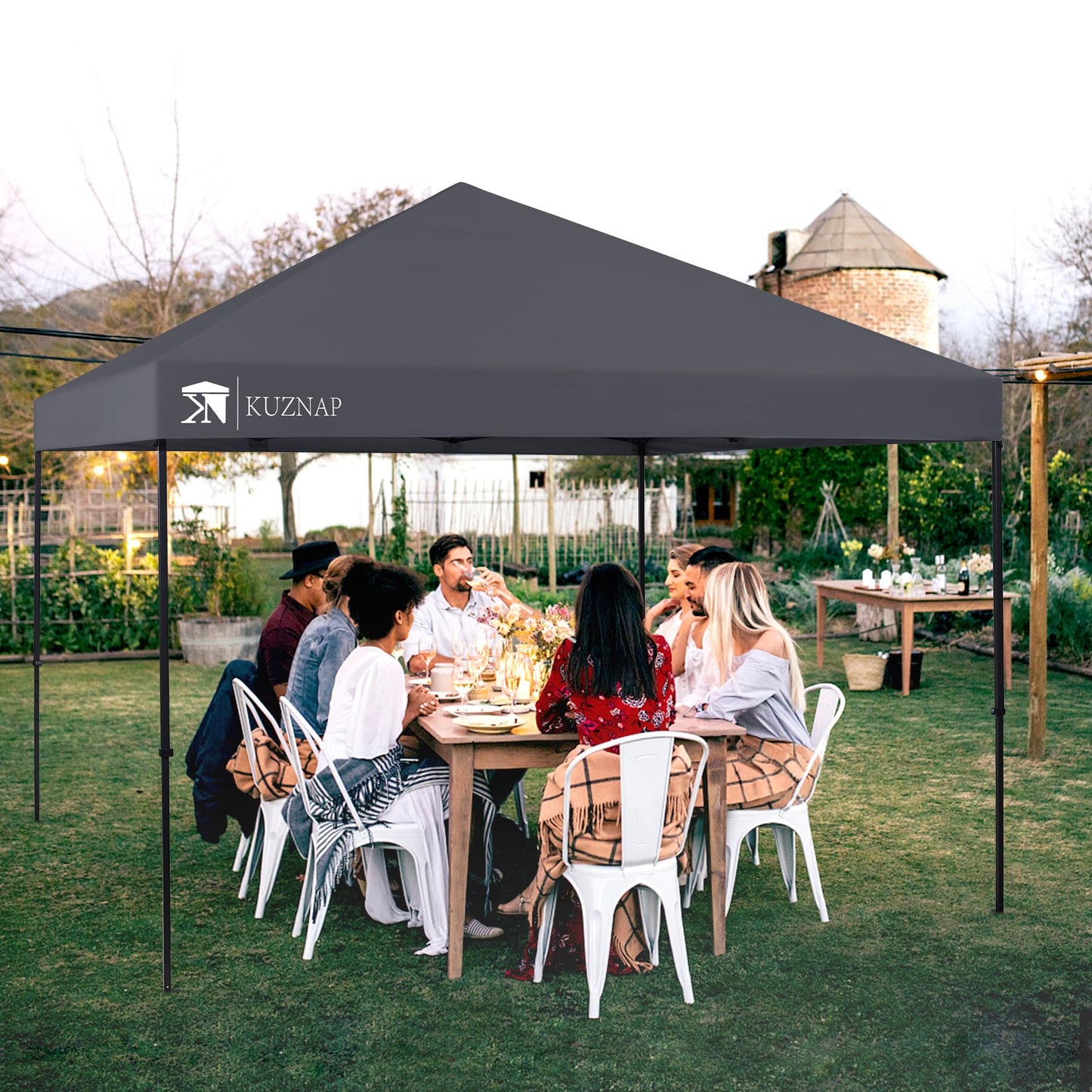 KUZNAP 12’x12’ Pop up Canopy Tent Patented EZ Set up Instant Outdoor Canopy with Wheeled Carry Bag Bonus 4 Weight Sandbags, 8 Stakes and 4 Ropes， Grey