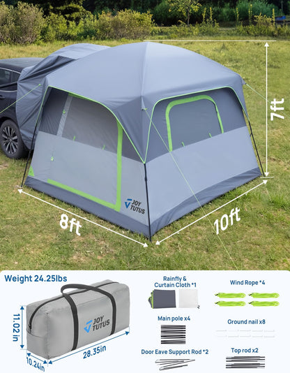 JOYTUTUS SUV Tent for Camping with Rainfly 2026 Upgrade, Strong Four Steel Frame Poles, 5-9 Person Big Car Tent with Ventilated Double Door, Movie Screen, 8' W X 10' L X 7' H, Fit for SUV CUV Van
