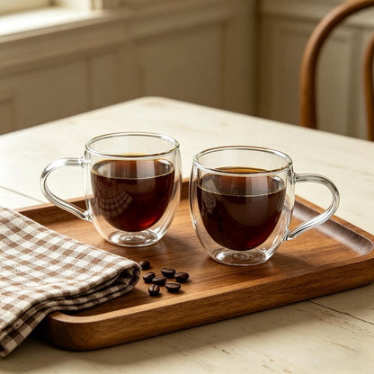 CNGLASS Double Wall Glass Coffee Mugs with Handle,10oz Clear Insulated Glass Espresso Cups for Hot and Cold Beverages,Latte,Cappuccino,Set of 2