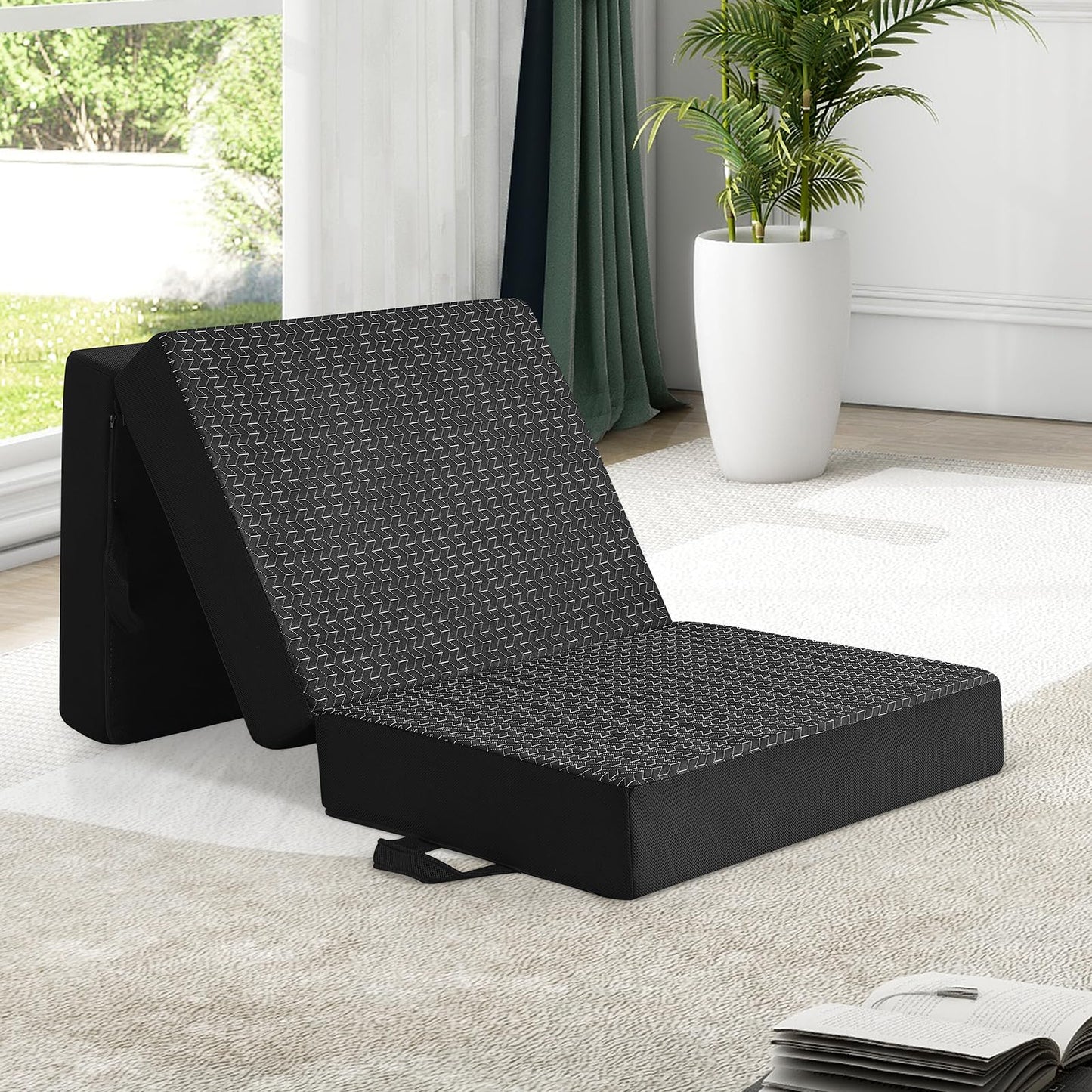 CYMULA Folding Mattress Single Size,6 inch Memory Foam Tri-Fold Single Floor Mattress Topper with Breathable & Washable Cover,Thick Foldable Mat for Camping,Naps and Guests，Black(25"×75"×6")