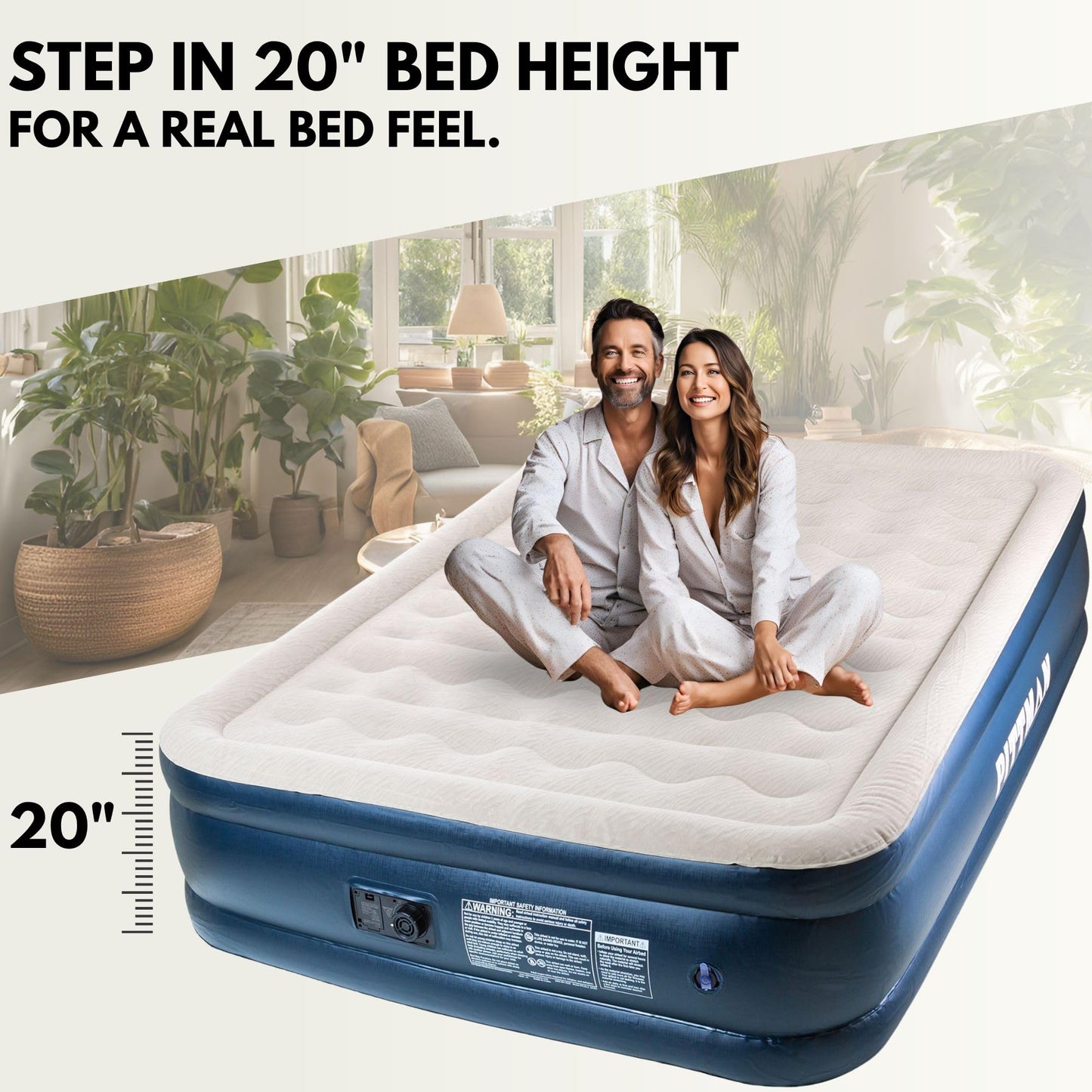 Pittman Outdoors Queen Air Mattress – 20” Deluxe Blue Double High, Queen Air Mattress with Built in Pump, 600lb Capacity, Portable Inflatable Bed with Carry Bag, Blow Up Mattress for Home & Travel