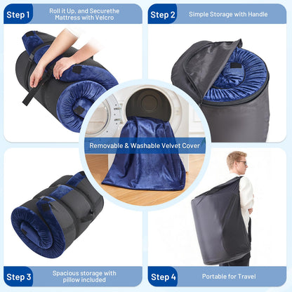 Easthome Twin Memory Foam Camping Mattress Pad with Pillow - Extra Thick 4 Inch Sleeping Pad for Camping, Waterproof Roll Up Mattress Topper for Adults Car Truck Tent Guest Bed, Travel Bag, Navy Blue