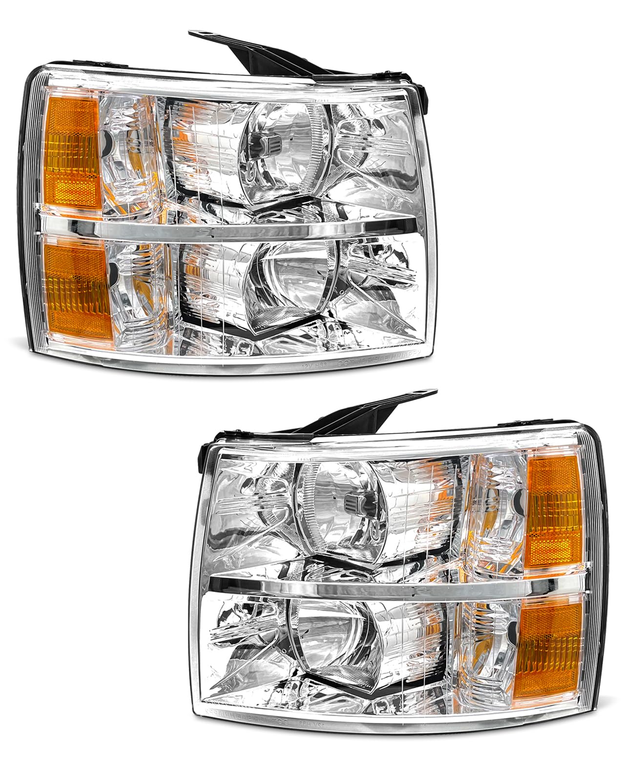 ADCARLIGHTS Headlight Assembly for 07-13 Chevy Silverado 1500/07-14 2500HD 3500HD OE Fit IP65 Waterproof 200% Brighter Halogen Headlamp Left+Right Chrome Clear（W/O Bulbs）