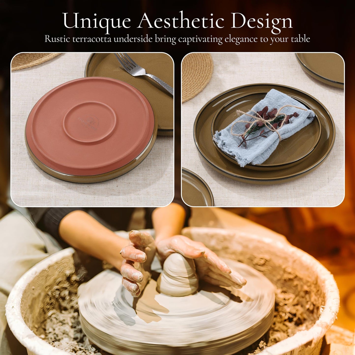 E-far Stoneware Dinnerware Sets for 6, 18 Pieces Reactive Glaze Plates and Bowls Sets, Elegant Dishes with Rustic Terracotta Clay Base, Dishwasher & Microwave Safe, Scratch Resistant, Deep Camel