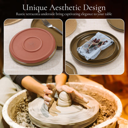 E-far Stoneware Dinnerware Sets for 6, 18 Pieces Reactive Glaze Plates and Bowls Sets, Elegant Dishes with Rustic Terracotta Clay Base, Dishwasher & Microwave Safe, Scratch Resistant, Deep Camel
