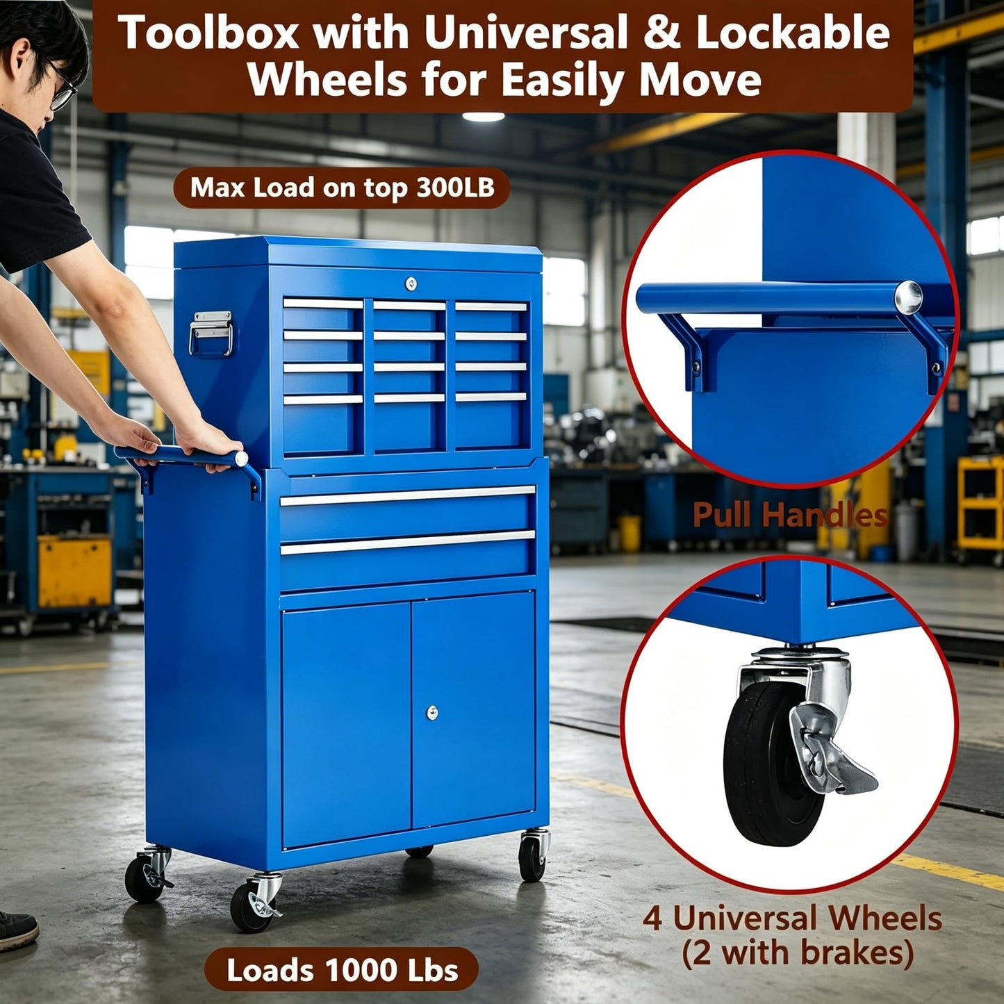 GarveeTech 24 Inch 8 Drawer Lockable Rolling Tool Chest, 2 in 1 Detachable Metal Tool Box Cabinet with Wheels, Heavy Duty Secure Storage Organizer with Portable Top Chest for Garage Workshop, Blue