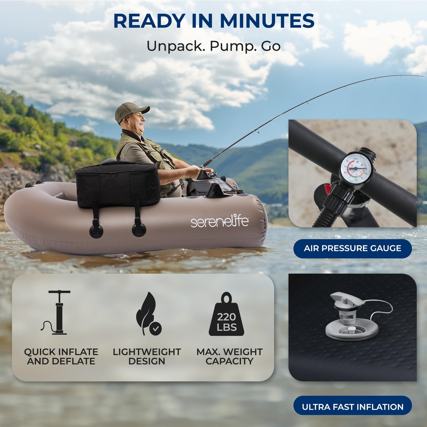 Serenelife Inflatable Fishing Float Tube – PVC Belly Boat for Angling with Fishing Rod Holders, 2 Waterproof Storage Pockets, Fish Ruler, 220 lbs Capacity
