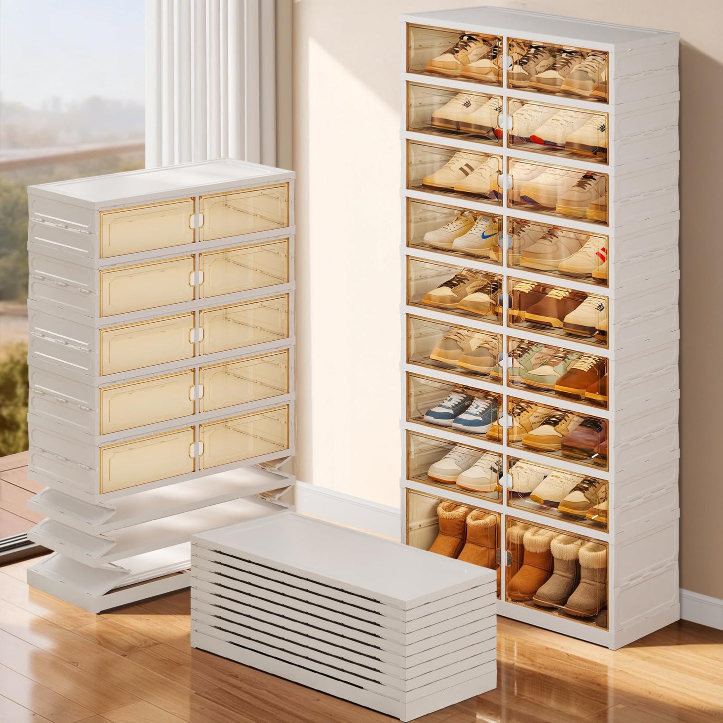 EHAMILY Foldable Shoe Rack Organizer 9-Tier, 27 Pairs Collapsible Shoe Storage Cabinet with Doors, Clear Plastic Stackable Shoe Organizer for Closet, with Boots Space, Easy Tool-Free Assembly, White