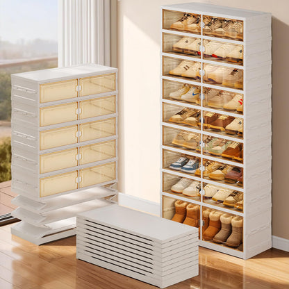 EHAMILY Foldable Shoe Rack Organizer 9-Tier, 27 Pairs Collapsible Shoe Storage Cabinet with Doors, Clear Plastic Stackable Shoe Organizer for Closet, with Boots Space, Easy Tool-Free Assembly, White