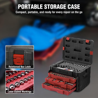 WORKPRO 450-Piece Drive Socket Set 1/2" 1/4" 3/8", CR-V Metric and Imperial with Quick-Release Ratchet Wrench, Spanners, Bits Set, Mechanics Tool for Car Repair
