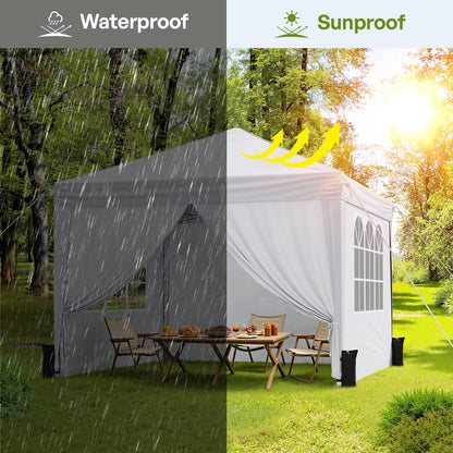 Vinabilia 10x10 Pop Up Canopy with Sidewalls, Instant Portable Canopy Tent with Carry Bag for Commercial Events, Camping, Parties - White