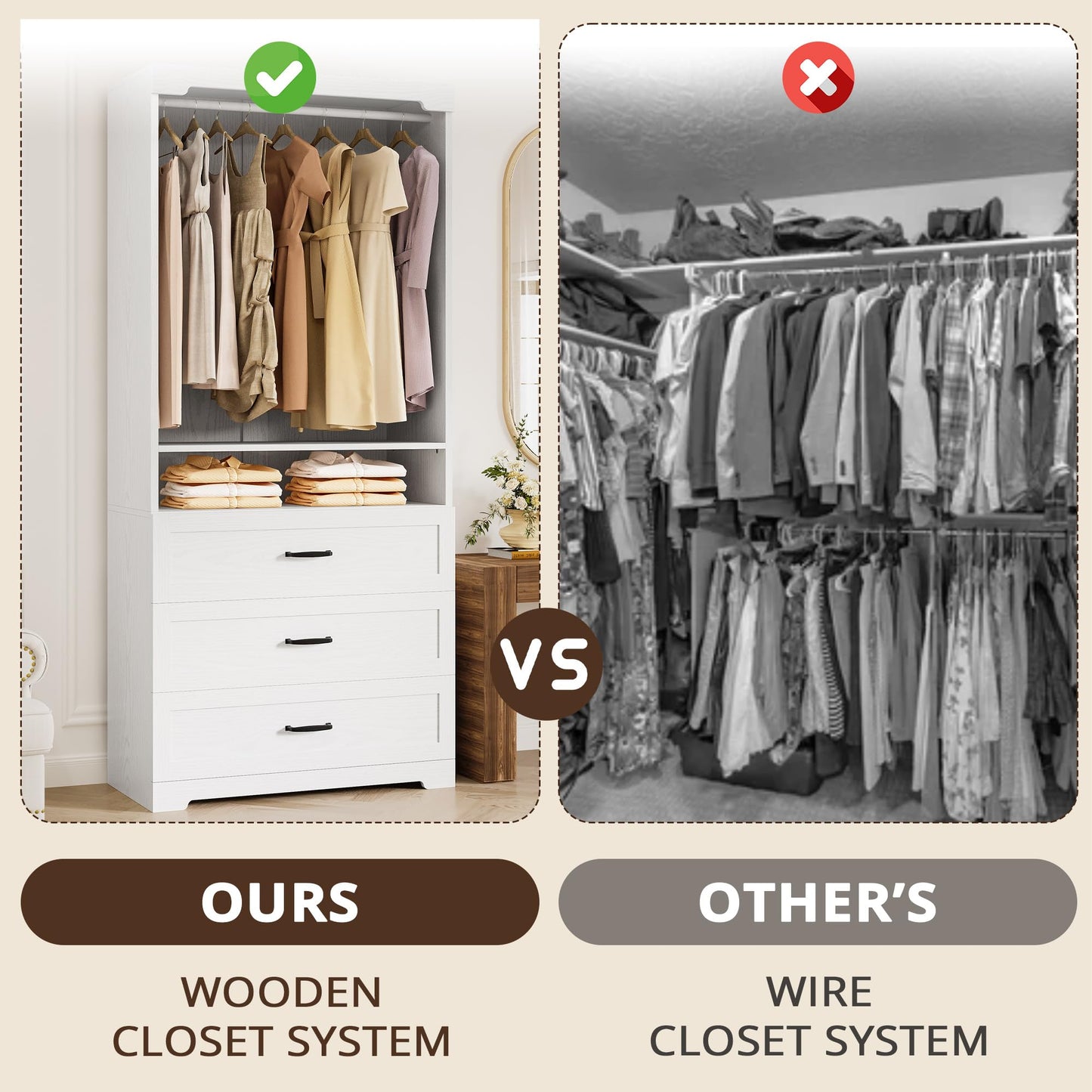 IRONCK Freestanding Closet System with 3 Wood Drawers, Modern Armoire Wardrobe with Adjustable Shelves & Hanging Rod, Walk-in Closet Systems Organizer for Small Closet, 31.5" White