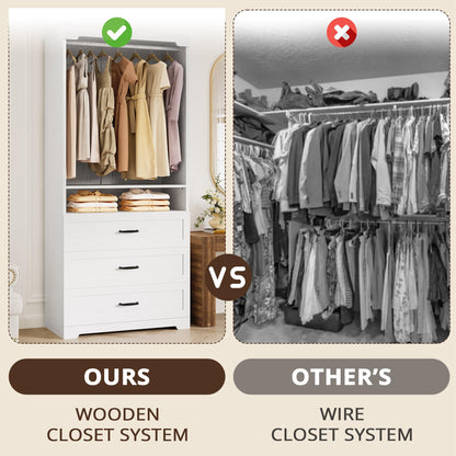 IRONCK Freestanding Closet System with 3 Wood Drawers, Modern Armoire Wardrobe with Adjustable Shelves & Hanging Rod, Walk-in Closet Systems Organizer for Small Closet, 31.5" White