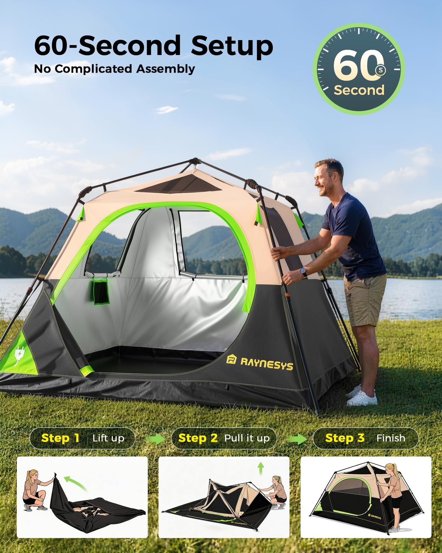 4 Person Instant Tent, Camping Tent Setup in 60 Seconds, Waterproof Pop Up Tents for Camping with Top Rainfly, Instant Cabin Tents with Portable Carry Bag for Family Camp & Hiking, Black + Brown