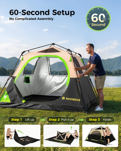 4 Person Instant Tent, Camping Tent Setup in 60 Seconds, Waterproof Pop Up Tents for Camping with Top Rainfly, Instant Cabin Tents with Portable Carry Bag for Family Camp & Hiking, Black + Brown