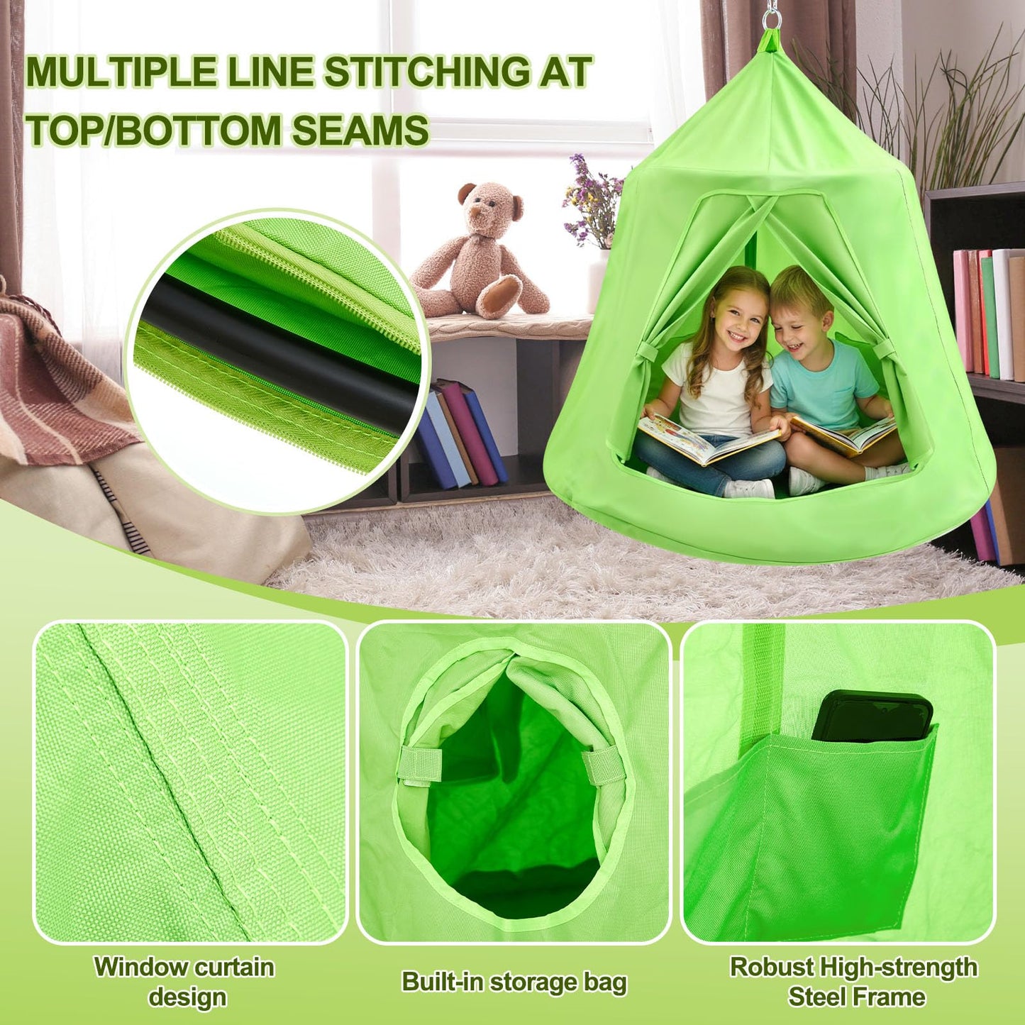 LaRandom X-Shaped Swing Stand Frame with Tent Sensory Swing for Kids Adults Indoor Outdoor Use 330 Lbs Capacity Detachable Heavy Duty Hanging Chair Hammock Nest Pod with Stand for Mutiple Kids(Green)
